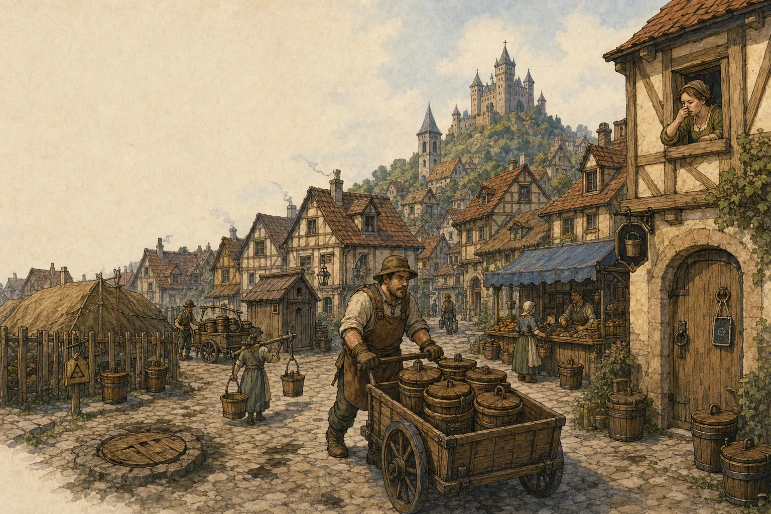 A gong farmer wheels a cart of lidded buckets through a medieval town